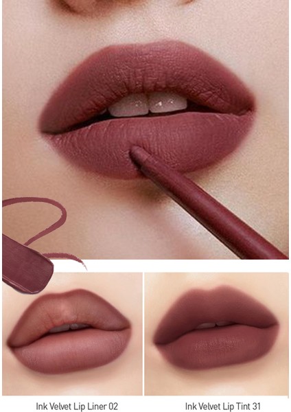 Kadife Görünümlü Tint ve Dudak Kalemi PERIPERA Ink Velvet + Lip Liner Set (002 Wine Nude)