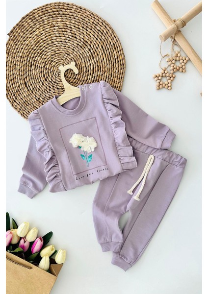 Çiçek Detaylı Fırfırlı 2 Li Kız bebe takım - Mor