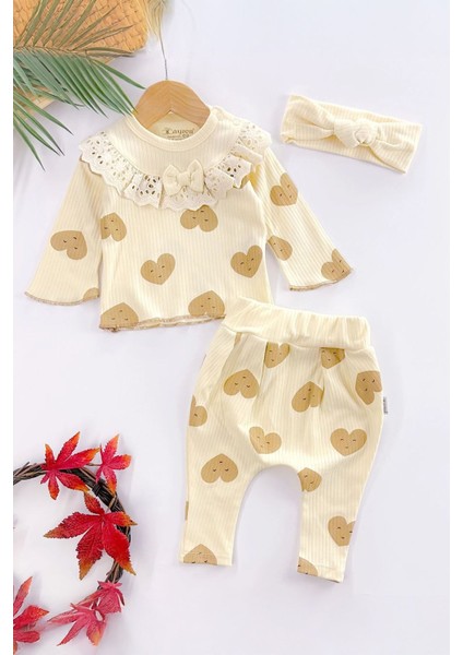 (3-9 Ay) Fisto Detaylı Kalp Baskılı Kız Bebe 3 lü takım - Camel fiyatları