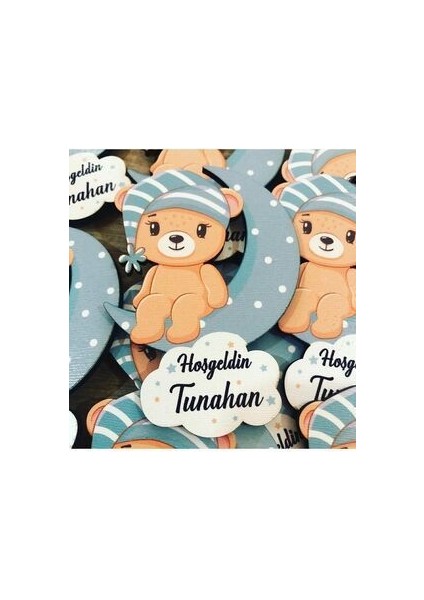 Ay Üstünde Oturan Erkek Ayıcık Ahşap Baskı Magnet 50 Adet