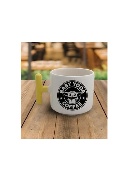 Duble Türk Kahvesi Fincanı & Latte Baby Yoda Coffe Sarı Kulp Kupa 200 ml