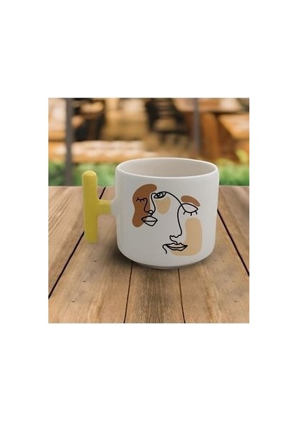 Duble Türk Kahvesi Fincanı & Latte Minimal Çizgisel Kadın T Sarı Kulp Kupa 200 ml