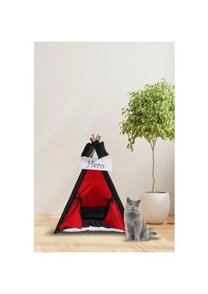 Kırmızı Kedi Köpek Yatağı Çadırı 70X70 cm Minderli