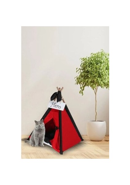 Kırmızı Kedi Köpek Yatağı Çadırı 70X70 cm Minderli