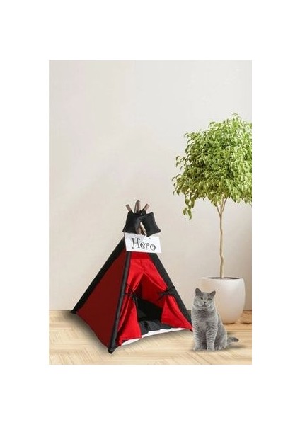 Kırmızı Kedi Köpek Yatağı Çadırı 70X70 cm Minderli
