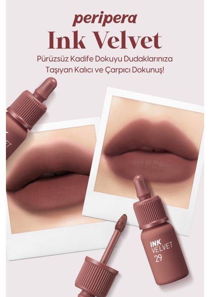 Yüksek Pigmentli, Kadife Görünümlü, Gün Boyu Kalıcı Tint PERIPERA Ink Velvet (29 Cocoa Nude)