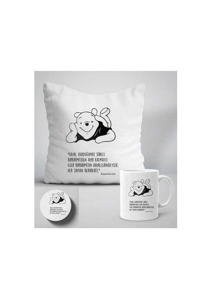 Pooh Karakter Baskılı Hediyelik Yastık+Kupa ve Bardak Altlığı Seti