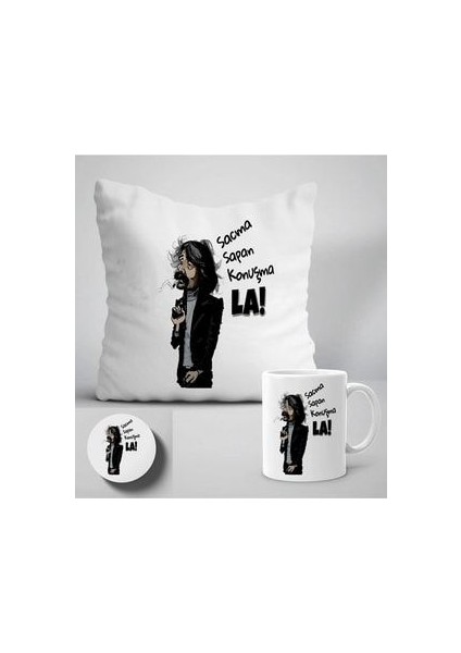 Sacma Sapan Konuşma La! Yazılı Behzat Ç. Baskılı Hediyelik Yastık+Kupa Seti +Bardak Altlığı