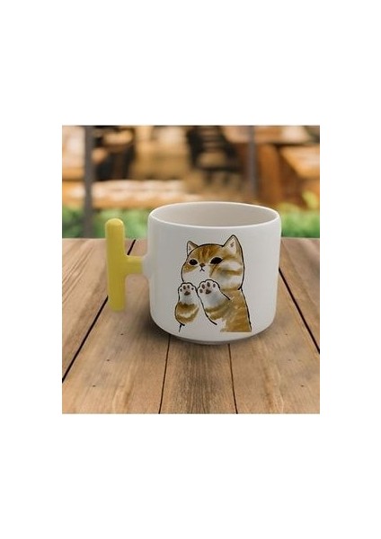Duble Türk Kahvesi Fincanı & Espresso Kupaya Yaslanmış Haylaz Yavru Kedi T Sarı Kulp Kupa 200 ml