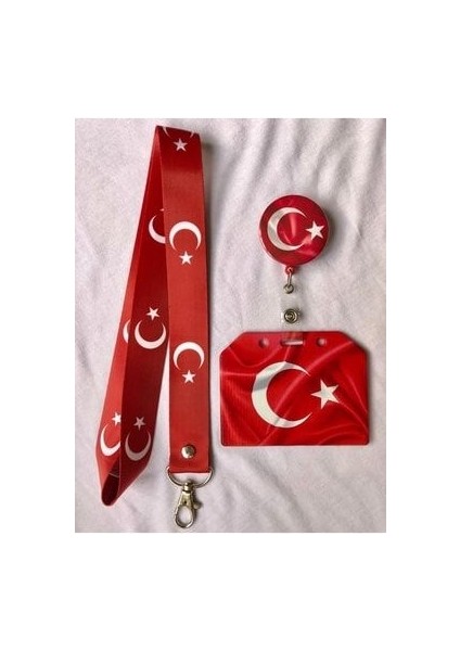 Türk Bayrağı Boyun Askısı Yoyo ve Yan Kartlık Set
