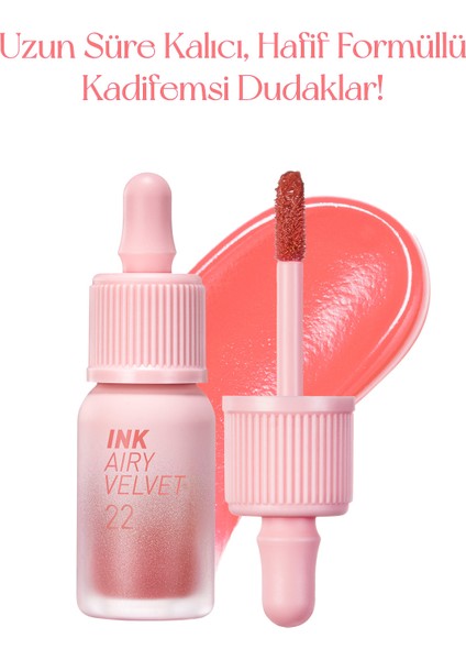 Uzun Süre Kalıcı ve Hafif Formüllü, Kadife Bitişli Tint PERIPERA Ink Airy Velvet (22 Center Peach)