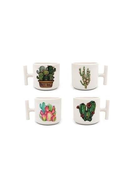 Duble Türk Kahve Fincanı & Espresso Kaktüs Set 4'lü T Kulp 200 ml 4 Parça