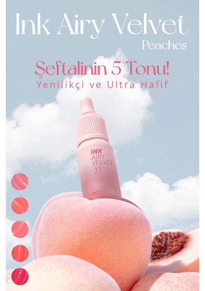 Uzun Süre Kalıcı ve Hafif Formüllü, Kadife Bitişli Tint PERIPERA Ink Airy Velvet (21 Fluffy Peach)