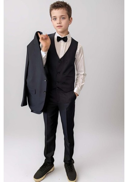 Erkek Çocuk Blazer Ceketli, Cepken Yelekli Siyah Takım Elbise 10-16 Yaş