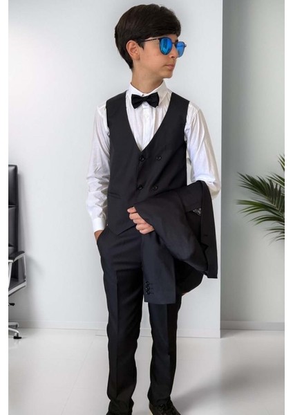 Erkek Çocuk Blazer Ceketli, Cepken Yelekli Siyah Takım Elbise 10-16 Yaş