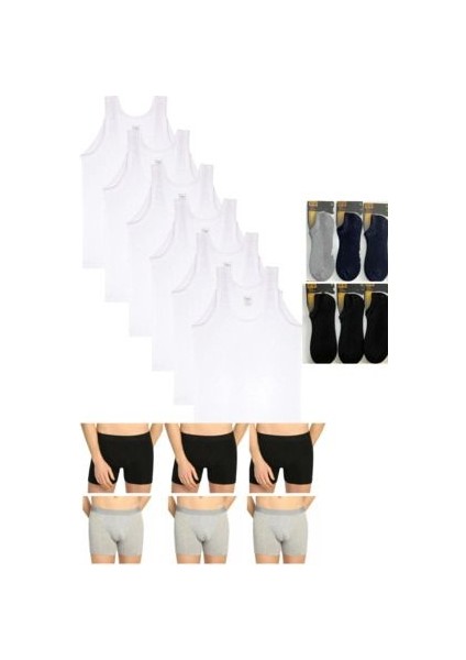 6'lı Penye Beyaz Erkek Atlet-6'lı Likra Boxer-6'lı Bambu Kısa Çorap Takım Çeyiz Set