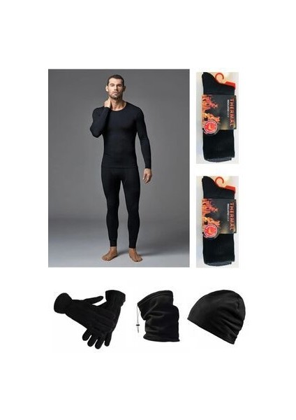 Erkek Siyah Termal Alt Üst Takım-Polar Şapka-Eldiven-Boyunluk-2 Çift Termal Çorap Set