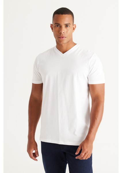 2'li Slim Fit Dar Kesim V Yaka %100 Pamuk Tişört