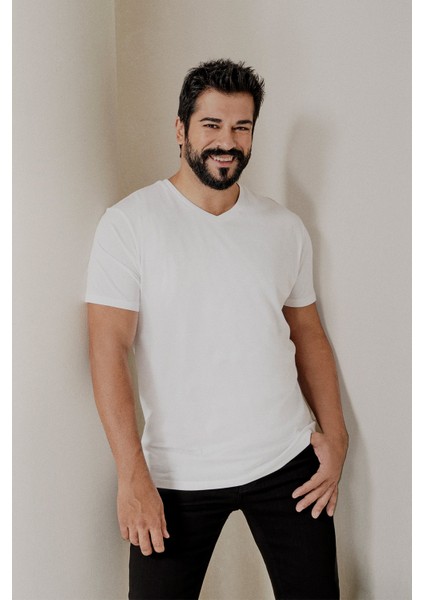 2'li Slim Fit Dar Kesim V Yaka %100 Pamuk T-Shirt
