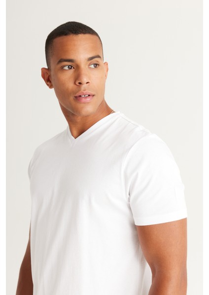 2'li Slim Fit Dar Kesim V Yaka %100 Pamuk T-Shirt