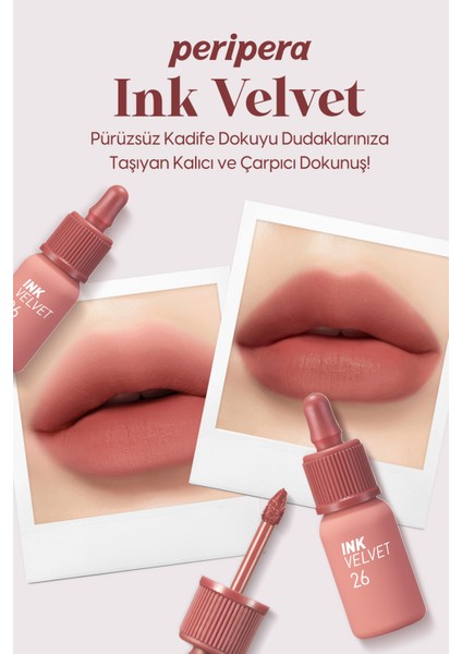 Yüksek Pigmentli, Kadife Görünümlü, Gün Boyu Kalıcı Tint PERIPERA Ink Velet (26 Well Made Nude)