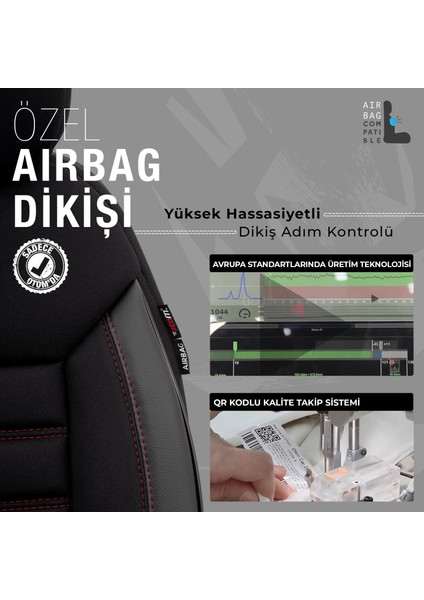 Limited Design Airbag Dikişli Ekstra Destekli Oto Koltuk Kılıfı Tam Set Siyah - Kırmızı