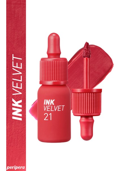 Yüksek Pigmentli, Kadife Görünümlü Gün Boyu Kalıcı Tint PERIPERA Ink Velvet (21 Vitality Coral Red)