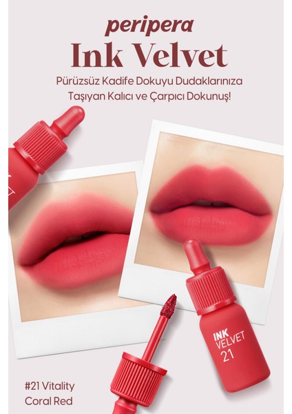 Yüksek Pigmentli, Kadife Görünümlü Gün Boyu Kalıcı Tint PERIPERA Ink Velvet (21 Vitality Coral Red)