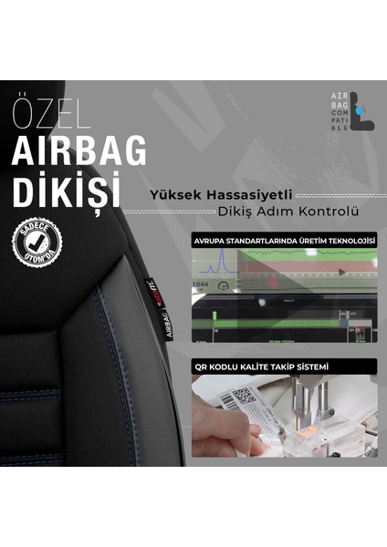 Limited Design Airbag Dikişli Ekstra Destekli Oto Koltuk Kılıfı Tam Set Siyah - Mavi modelleri