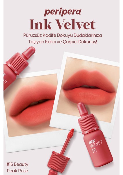 Yüksek Pigmentli, Kadife Görünümlü, Gün Boyu Kalıcı Tint PERIPERA Ink Velvet (15 Beauty Peak Rose)