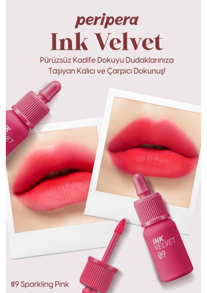 Yüksek Pigmentli, Kadife Görünümlü, Gün Boyu Kalıcı Tint PERIPERA Ink Velvet (9 Sparkling Pink)