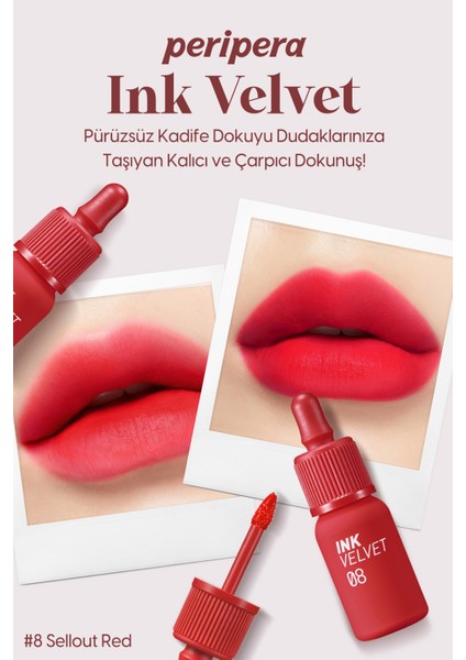 Yüksek Pigmentli, Kadife Görünümlü, Gün Boyu Kalıcı Tint PERIPERA Ink Velvet (8 Sellout Red)