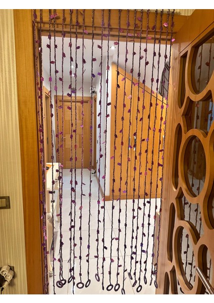 20 Adet El Örgüsü Mor Lale Pullu Kapı Perde Pencere Ip Perde Boy 2 Metre