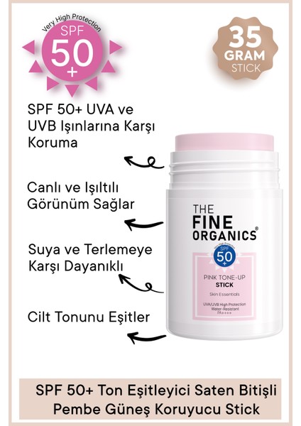 The Fine Organics Spf 50 Ton Eşitleyici Saten Bitişli Pembe Güneş Koruyucu Stick Güneş Kremi, 35 gr