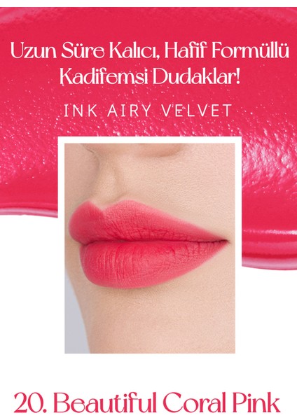 Uzun Süre Kalıcı Hafif Formüllü Kadife Bitişli Tint PERIPERA Ink Airy Velvet(20Beautiful Coral Pink)