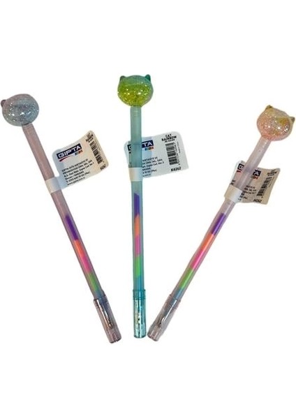 K426200 Cat Raınbow Kedi Başlıklı Renkli Jel Kalem - Tekli