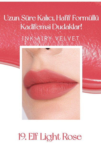 Uzun Süre Kalıcı ve Hafif Formüllü, Kadife Bitişli Tint PERIPERA Ink Airy Velvet (19 Elf Light Rose)