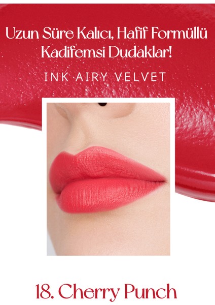 Uzun Süre Kalıcı ve Hafif Formüllü, Kadife Bitişli Tint PERIPERA Ink Airy Velvet (18 Cherry Punch)