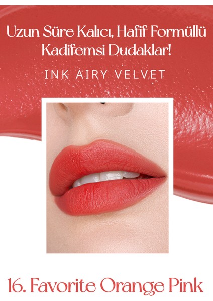 Uzun Süre Kalıcı Hafif Formüllü Kadife Bitişli Tint PERIPERA Ink Airy Velvet(16Favorite Orange Pink)