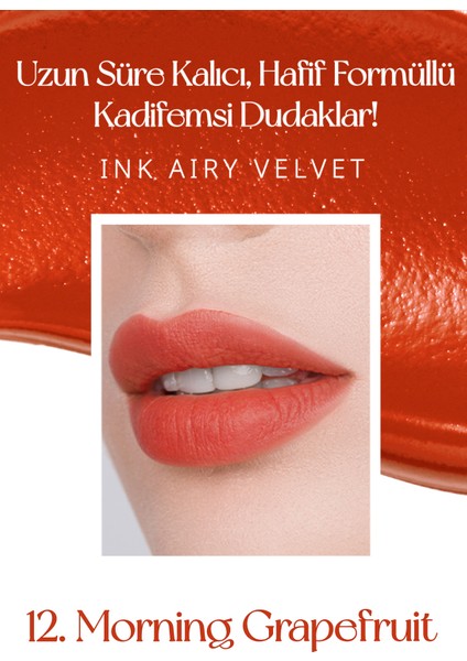 Uzun Süre Kalıcı, Hafif Formüllü Kadife Bitişli Tint PERIPERA Ink Airy Velvet (12Morning Grapefruit)