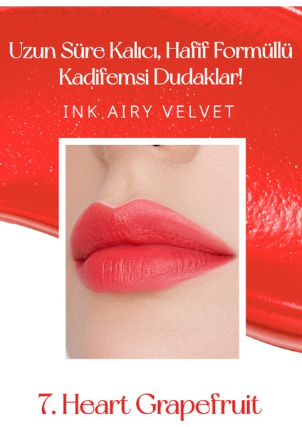 Uzun Süre Kalıcı ve Hafif Formüllü Kadife Bitişli Tint PERIPERA Ink Airy Velvet (7 Heart Grapefruit)