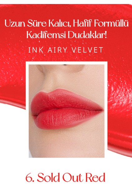 Uzun Süre Kalıcı ve Hafif Formüllü, Kadife Bitişli Tint PERIPERA Ink Airy Velvet (6 Sold Out Red)