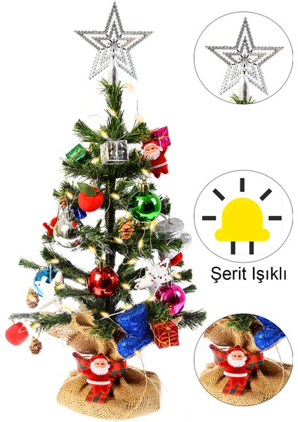 Masaüstü Süslü Çam Ağacı 40 Cm, Kütüklü Jütlü 28 Parça Süs ve Işık Full Set