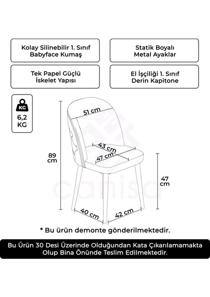 Kage Serisi 1 Adet Mutfak Sandalyesi Kapitoneli Kahve Metal Ayak 1. Sınıf Babyface Kumaş