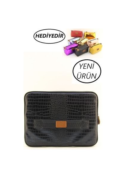 (Küçük Çanta Hediyeli) Siyah Krokodil Macbook Air Pro 13 &14 Inç Uyumlu Bilgisayar Laptop Kılıfı