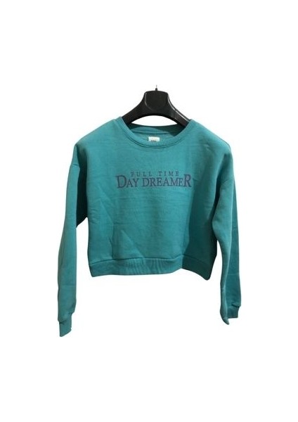 Kadın Oversize Baskılı Turkuaz Sweatshirt Crop Kazak