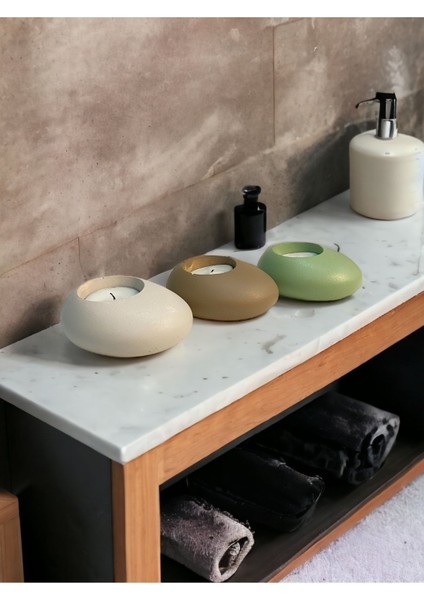 Concept Three Drops Minimal Dekoratif Beton Tealight Mumluk 3'lü Set [ Alaçatı-Vizon-Mint Yeşil ]
