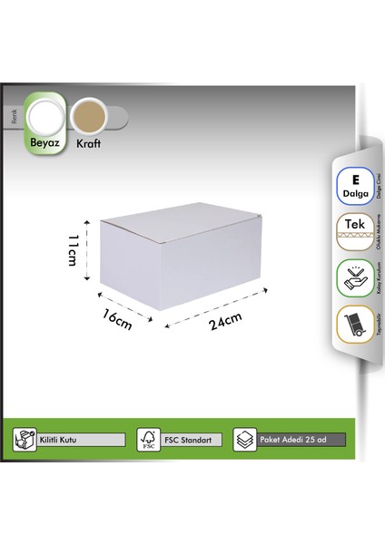 E-Ticaret Kutusu Beyaz 24X16X11 cm -25 Adet