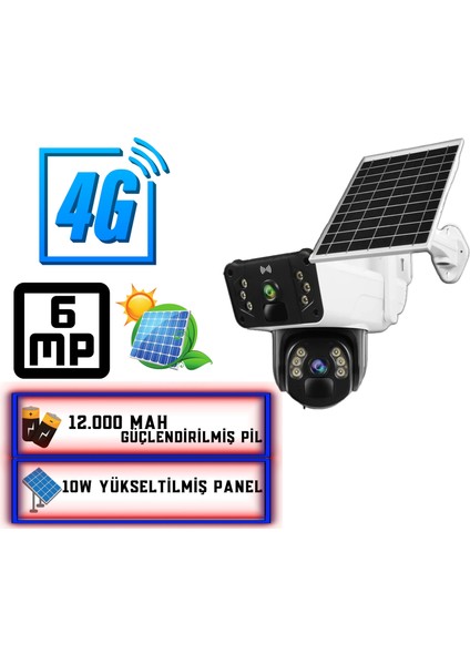 4g 12000 Mah Sim Kart Girişli Solar 6mp Güneş Enerjili Kablosuz Çift Kamera ET4G-001