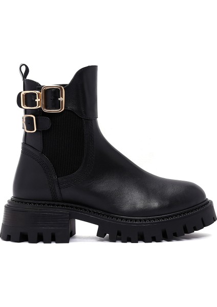 Kadın Siyah Fermuarlı Toka Detaylı Deri Bot 24WFD131218